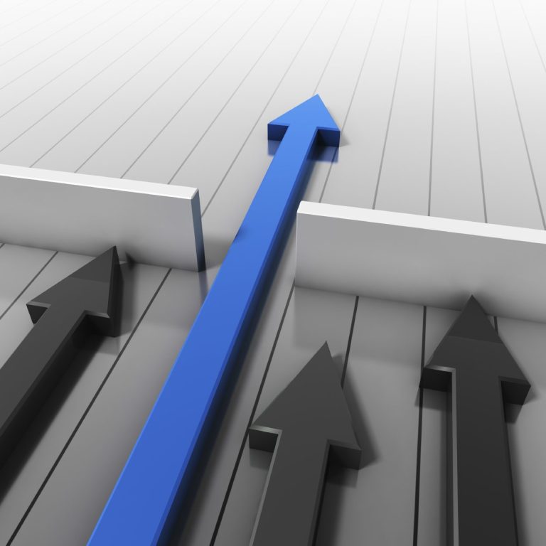 Blue arrow breaking through a barrier among black arrows pointing upward.