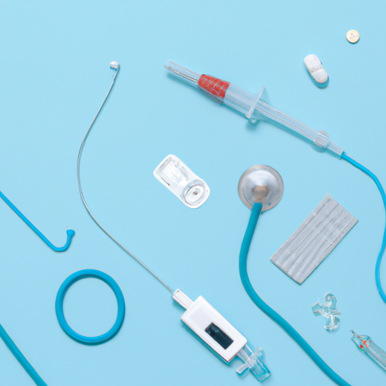 Medical supplies including a syringe, stethoscope, and medication on a blue background.